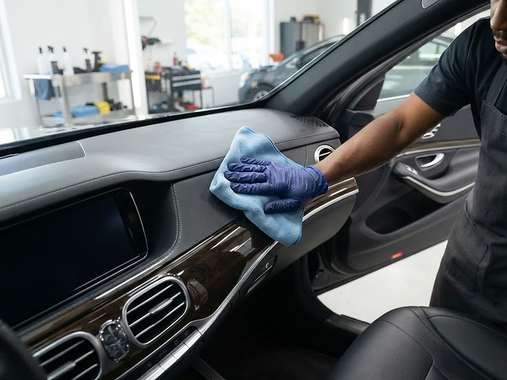 Car interior being polished by hand in a detailing bay
