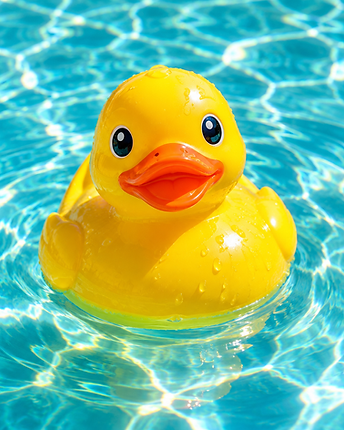 Yellow rubber ducky floating on clear pool water