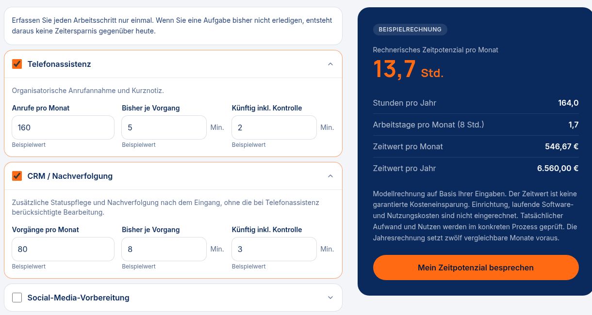 Zeitpotenzial-Rechner mit veränderbaren Beispielwerten für Telefonassistenz und CRM sowie einer modellhaften Auswertung.