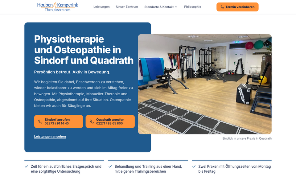 Startseite des Website-Entwurfs Houben Kemperink Therapiezentrum