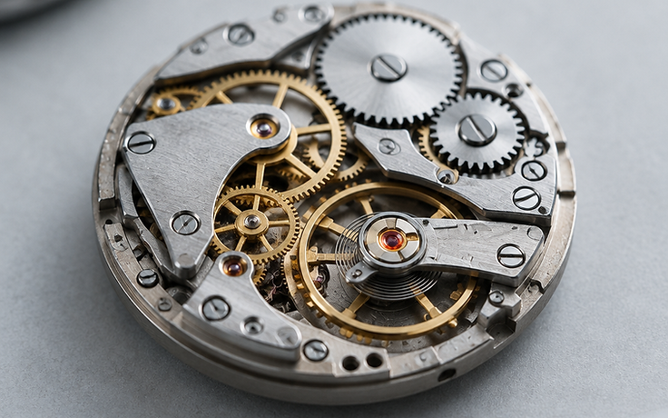 Präzises mechanisches Uhrwerk als Symbol für ineinandergreifende Abläufe