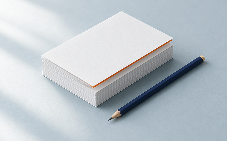 Sauber ausgerichteter Stapel Papierkarten mit Stift als Symbol für klare Struktur