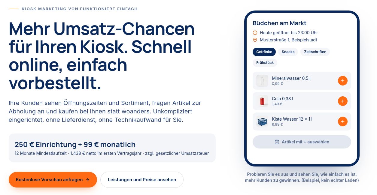 Kioskmarketing-Beispiel mit einer mobilen Demovorschau des fiktiven Büdchens am Markt.