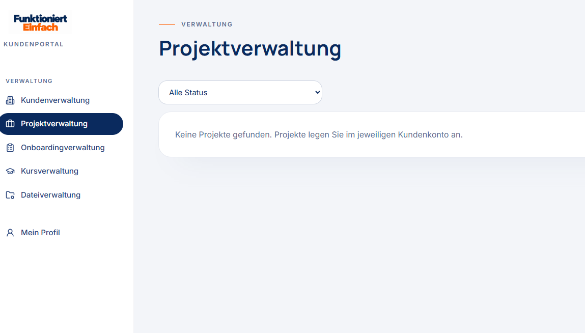 Interne Projektverwaltung im Onboardingportal von Funktioniert Einfach mit zum Aufnahmezeitpunkt leerer Projektliste.