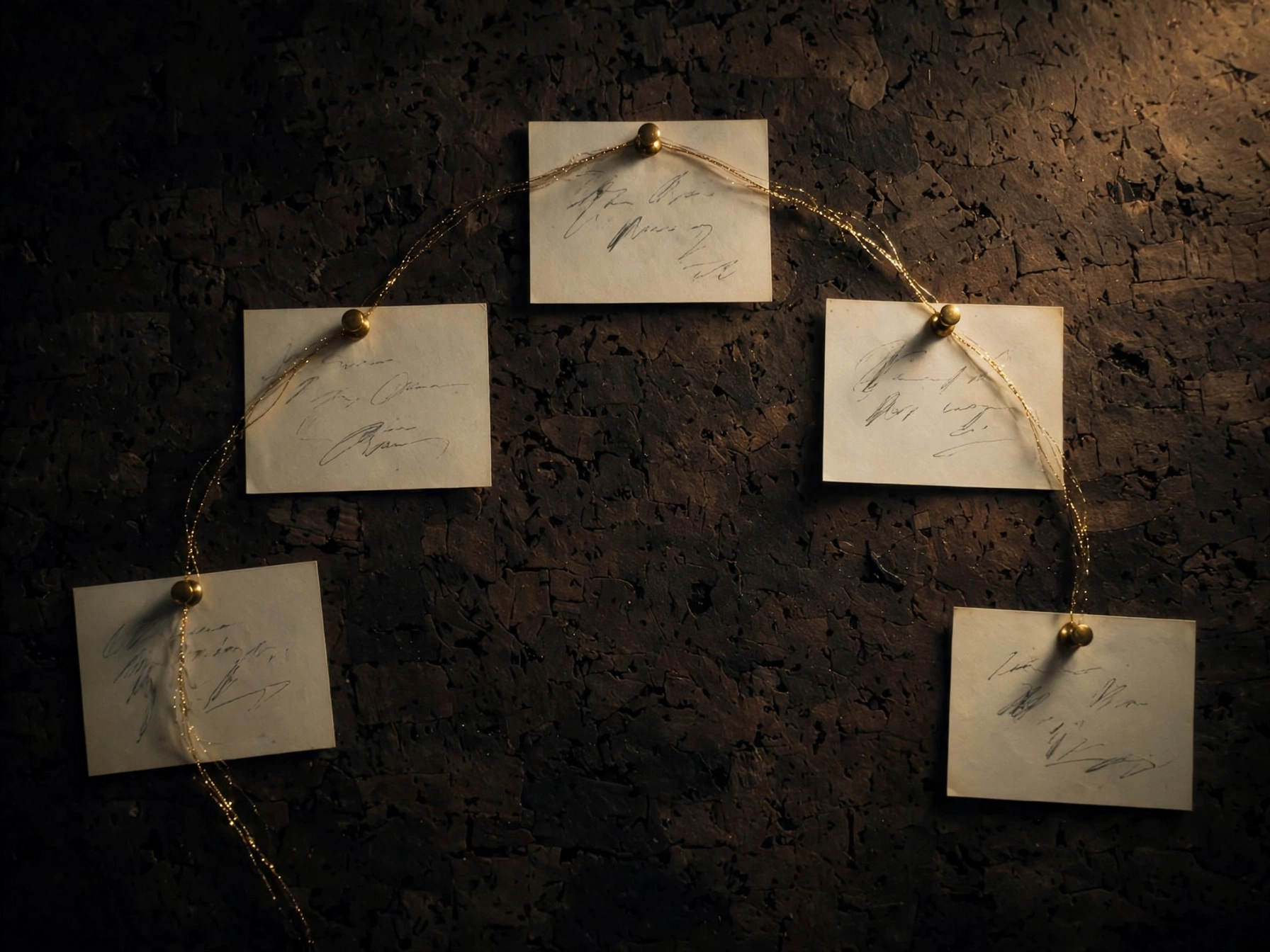 Index cards and a story arc pinned to a dark corkboard, connected by gold thread
