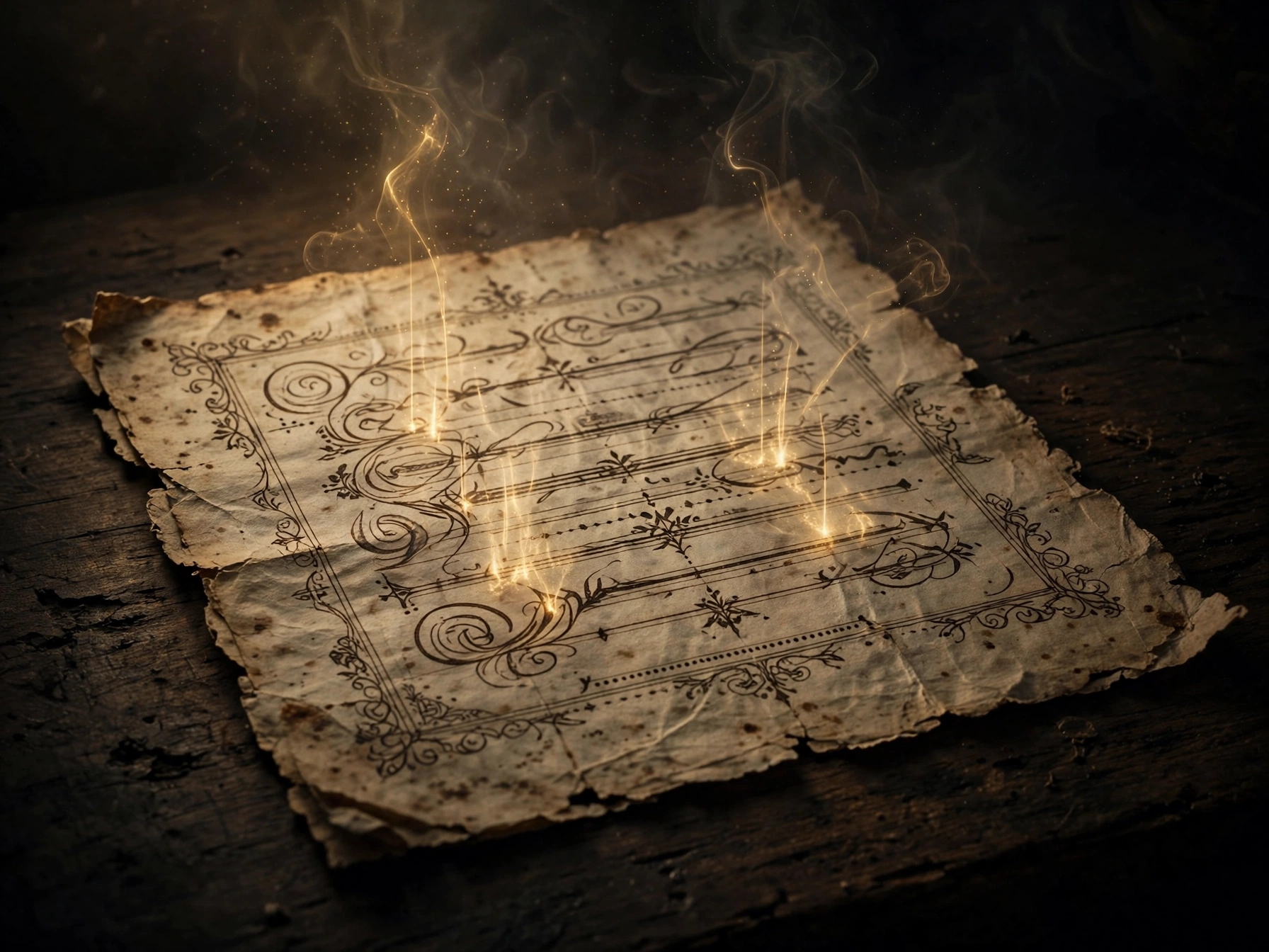 A manuscript page on a dark desk with faint glowing gold lines of ink rising from the page