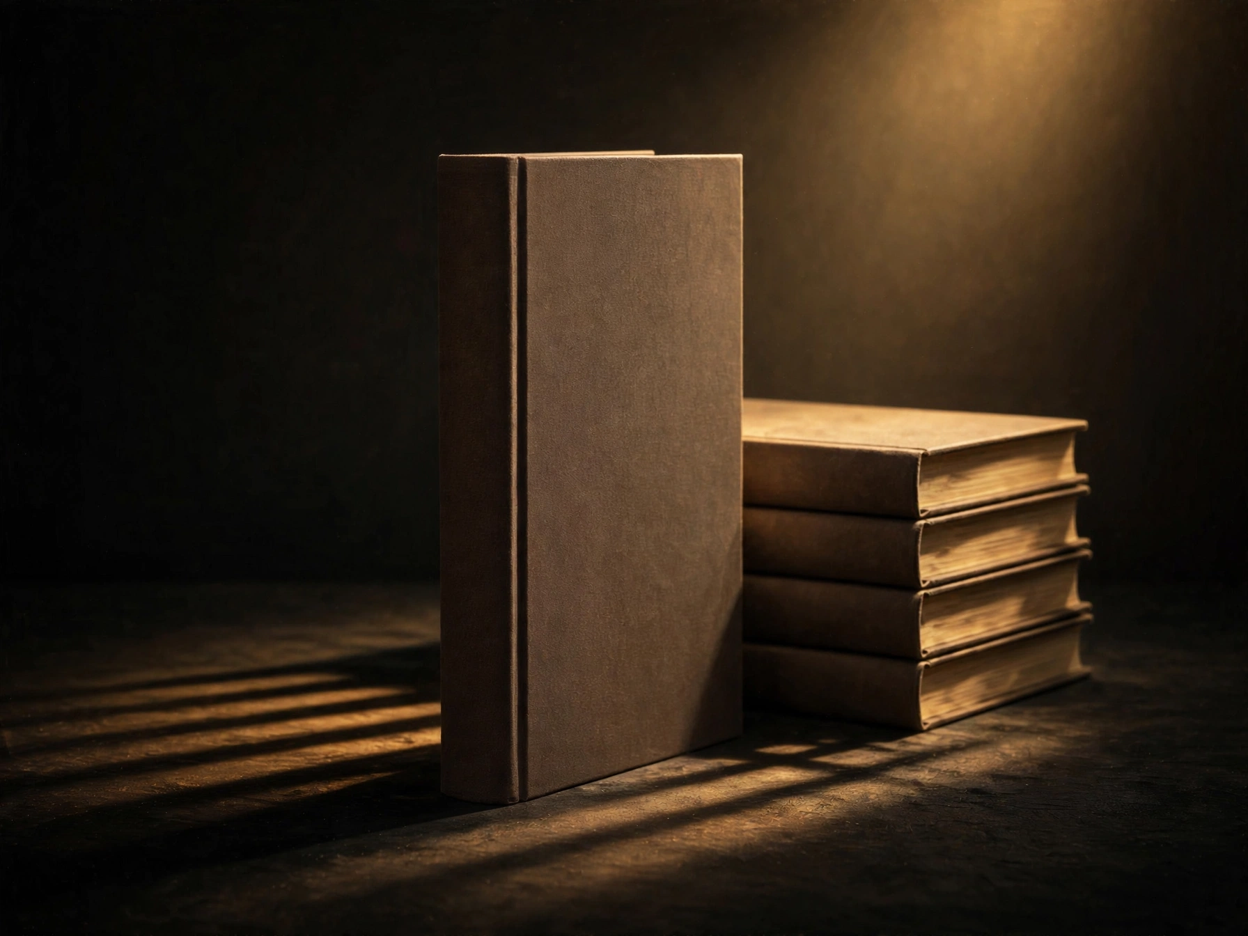 A newly bound hardcover book standing upright on a dark surface under a spotlight