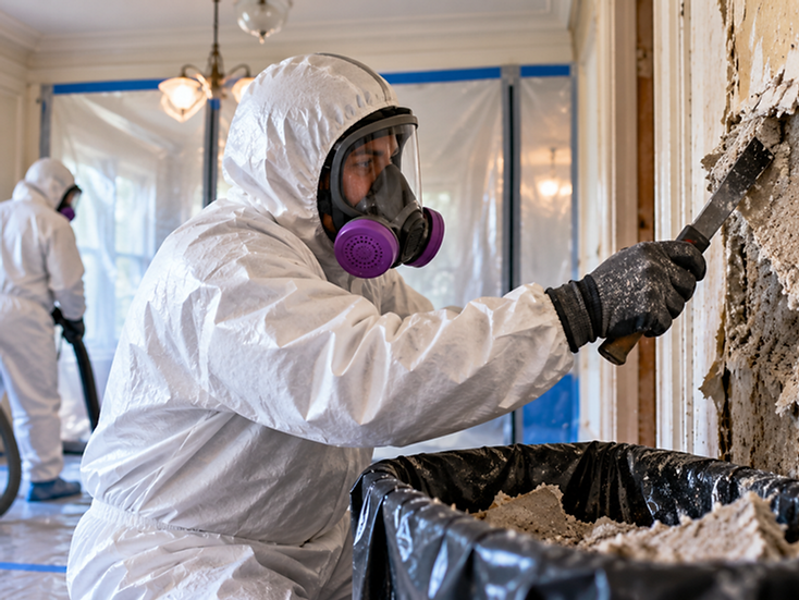 Asbestos abatement workers in full PPE scraping textured wall material into a containment bin during a residential remediation