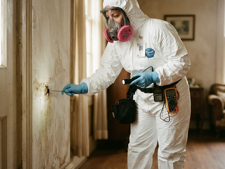 Environmental technician in full protective equipment inspecting a property