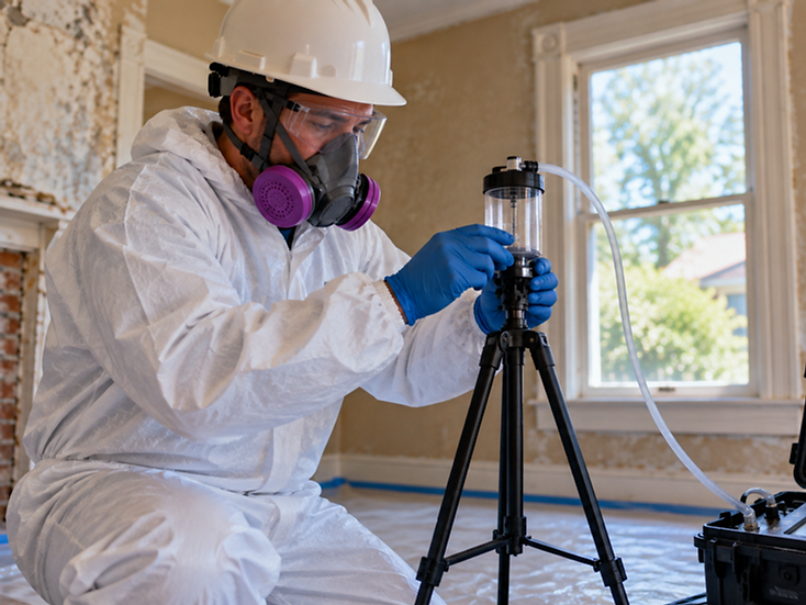 Professional asbestos testing technician in full PPE setting up air quality monitoring equipment during a residential home inspection