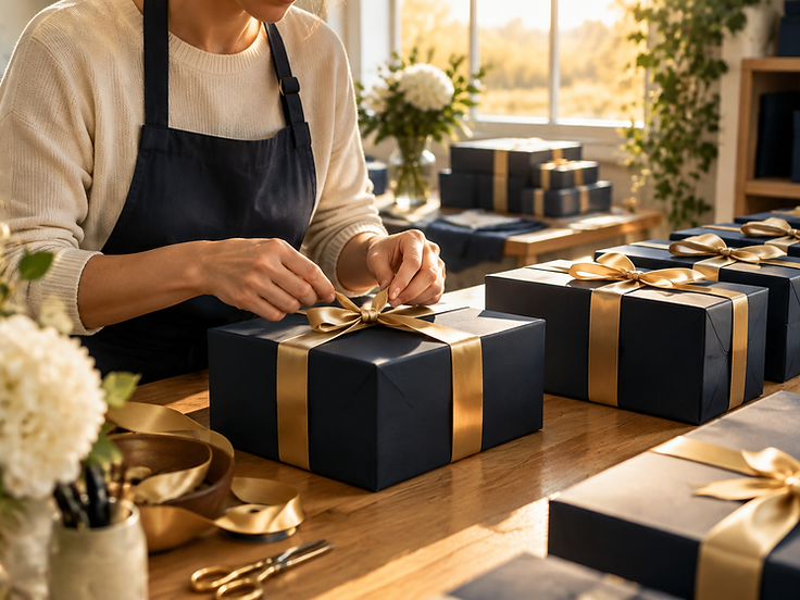Préparation de coffrets cadeaux chez Cadeaux Concept