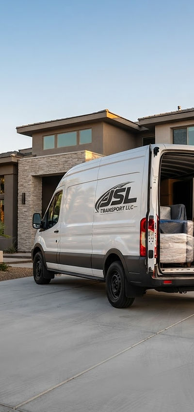 JSL Transport van with open doors parked outside a Henderson home