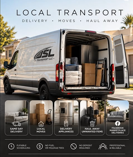 JSL Transport van: same day delivery, local moves, appliances, haul away and Marketplace deliveries