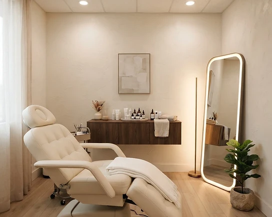 Ivory treatment chair and softly illuminated mirror — AI-generated interior concept