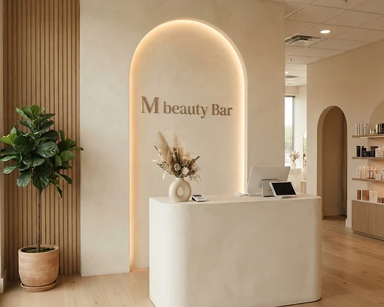 M beauty Bar welcome desk and backlit signage — AI-generated interior concept