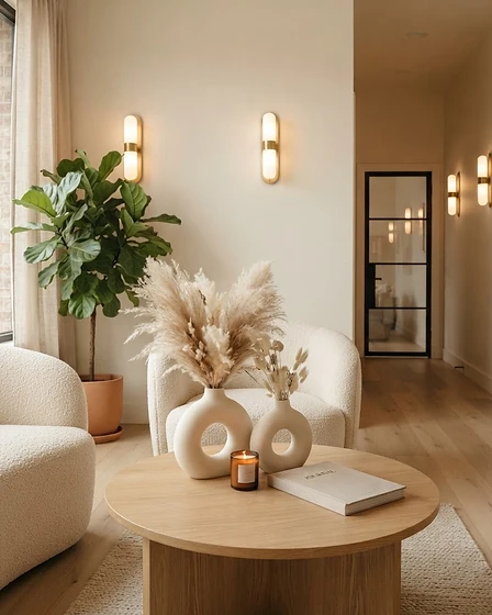 Warm ivory lounge with natural oak and pampas grass