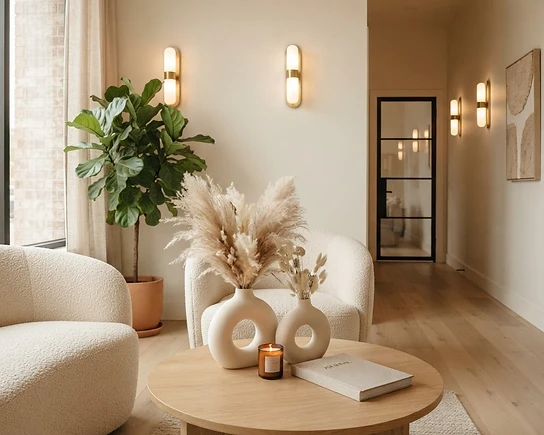 Inviting lounge with sculptural ceramics and pampas grass — AI-generated interior concept
