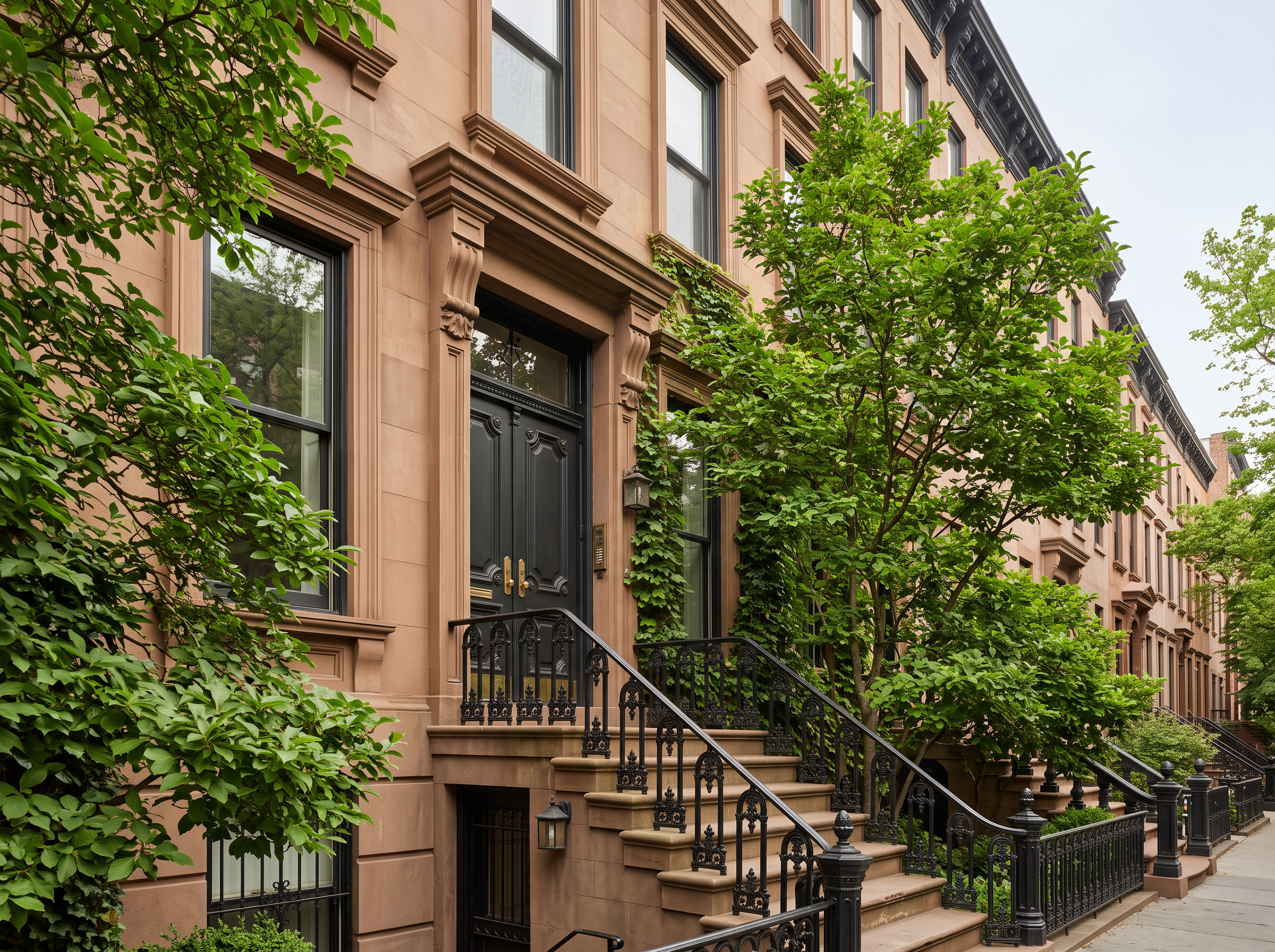 City brownstone entrance with iron railings and leafy trees