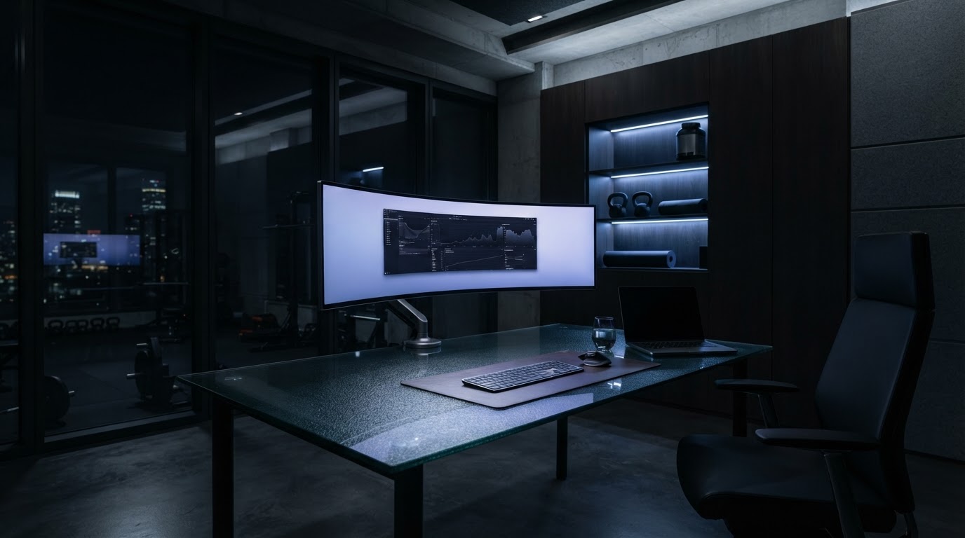 Oficina moderna de dueño de gimnasio con monitor iluminado