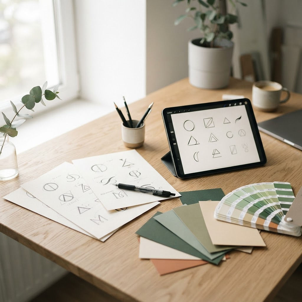 Designer's workspace with logo sketches, color swatches, and brand style boards