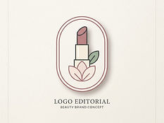 Oval beauty brand badge with a minimal lipstick and blossom icon