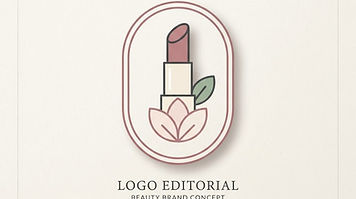 Oval beauty brand badge with a minimal lipstick and blossom icon