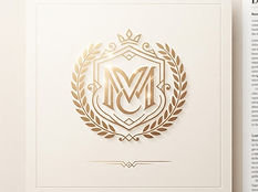 Gold crest with laurel wreath framing an abstract monogram letterform