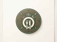 Circular restaurant badge with a minimal fork and plate composition