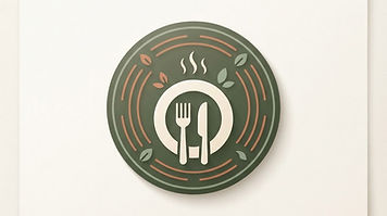 Circular restaurant badge with a minimal fork and plate composition