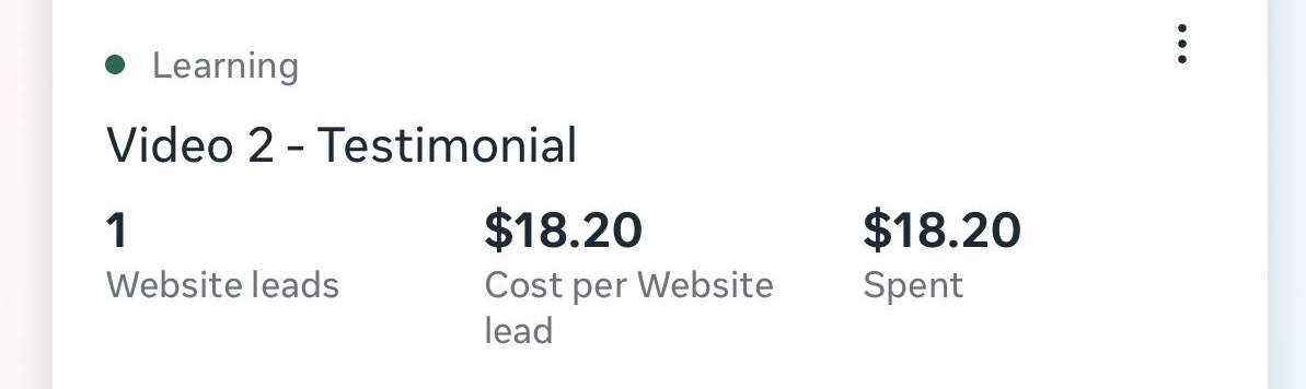 Testimonial video ad: 1 lead at $18.20