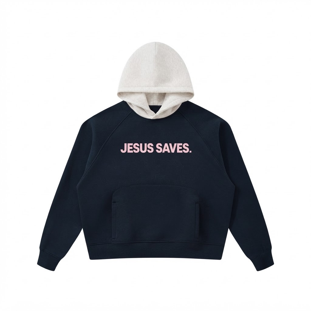 "JESUS SAVES" TWO TONE HOODIE (NAVY BLUE WITH OAT GRAY)