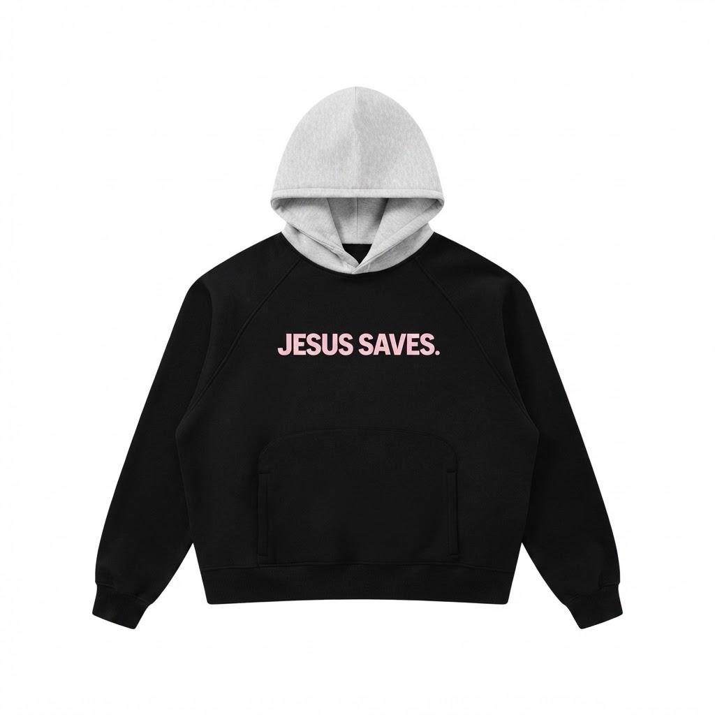 "JESUS SAVES" TWO TONE HOODIE (BLACK WITH FLOWER GRAY)
