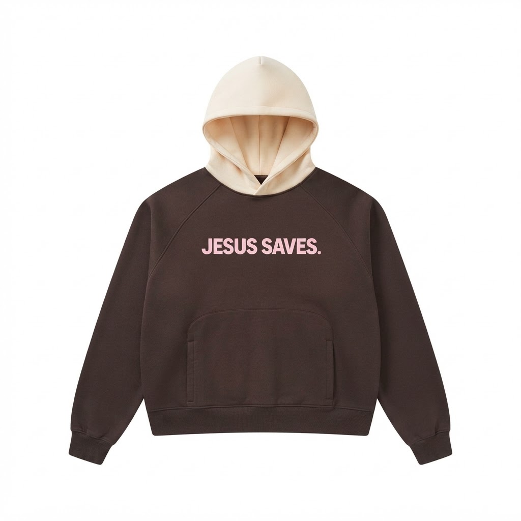 "JESUS SAVES" TWO TONE HOODIE (COFFEE WITH APRICOT)