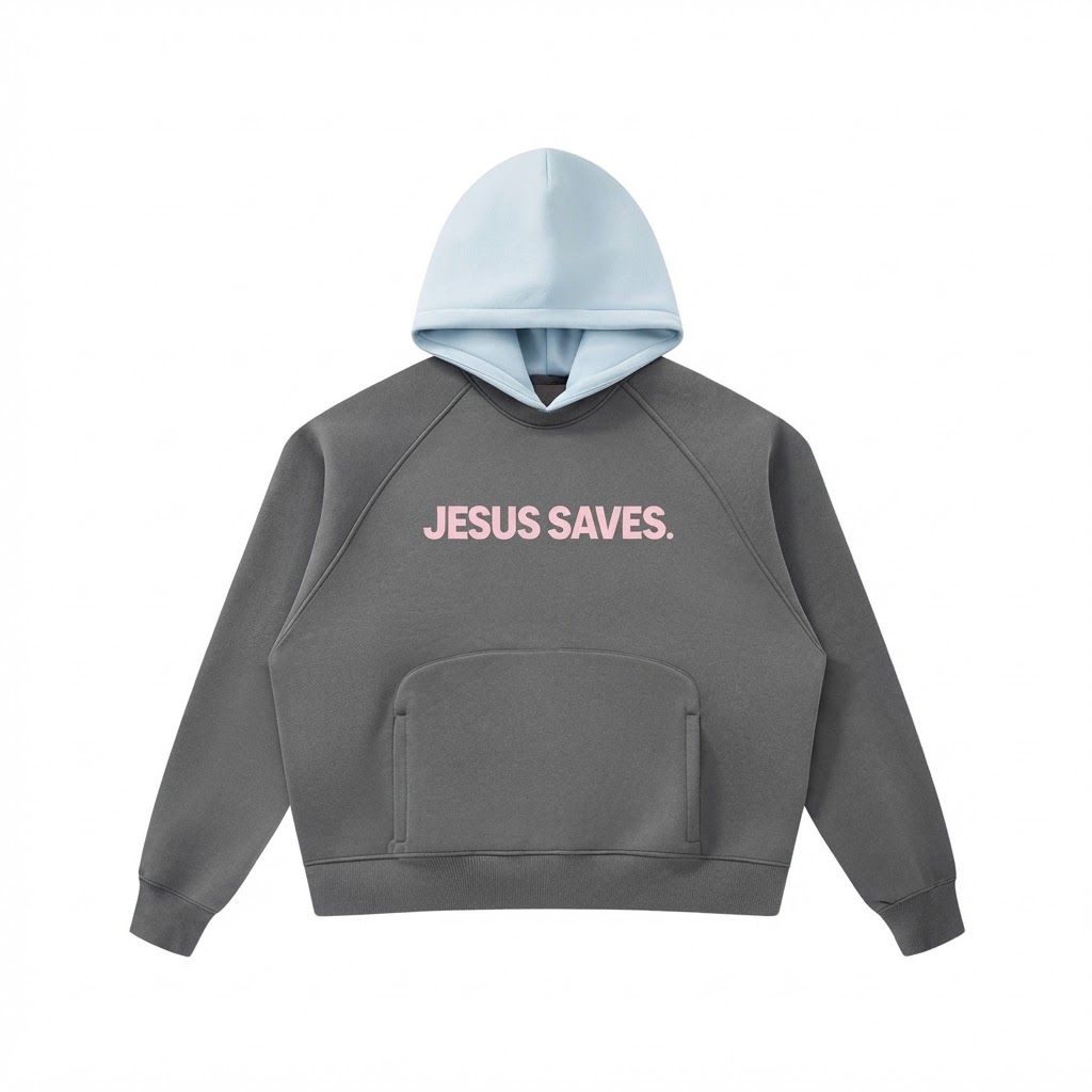 "JESUS SAVES" TWO TONE HOODIE (DARK GRAY WITH LIGHT BLUE)