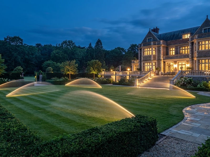 Professionally engineered irrigation system in a prestigious Surrey estate garden at dusk