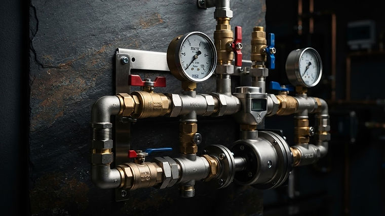 Stainless steel irrigation pump manifold with brass fittings and pressure gauges