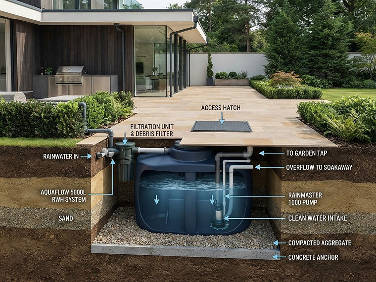 Underground rainwater harvesting tank system integrated into a stone patio