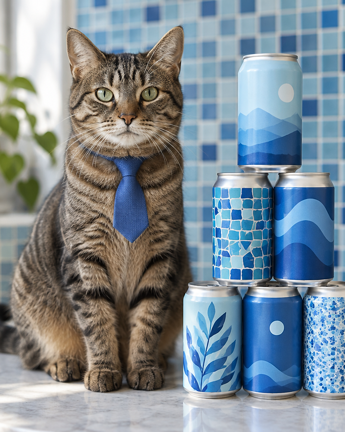 A tabby cat in a blue tie next to stacked beer cans