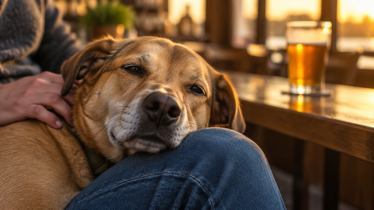 A dog posing with a can of beer