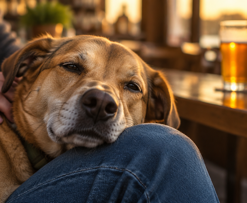 A dog resting its head on a lap beside a pint of beer