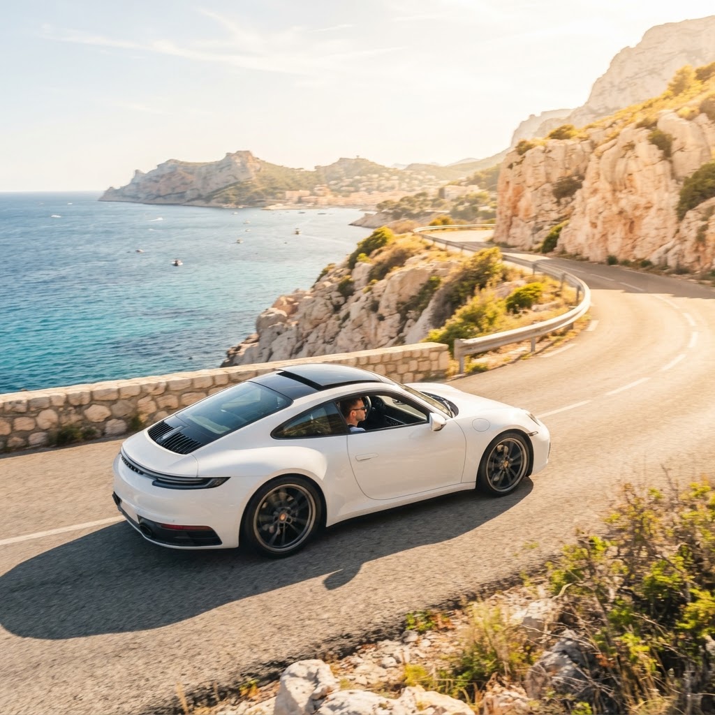 Coupé premium sur une route côtière ensoleillée