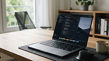 Clean, professional workspace with a laptop for a web agency