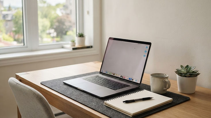 Bureau moderne et épuré avec un ordinateur portable, symbolisant la gestion responsable des données web au Québec.