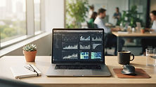 Bureau professionnel épuré avec un ordinateur affichant des données analytiques SEO.