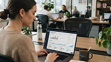 A modern professional workspace with a laptop and analytics charts, symbolizing successful digital content strategy.
