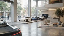 Vue intérieure moderne et épurée d'un concessionnaire automobile haut de gamme avec éclairage naturel.