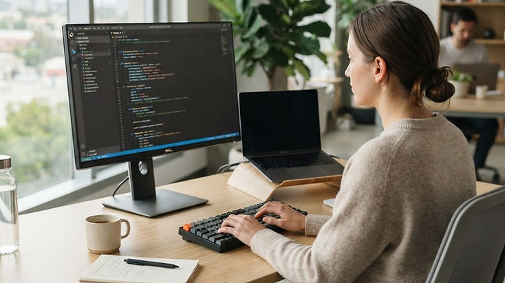 Modern professional office desk with a screen displaying computer code, symbolizing web security.