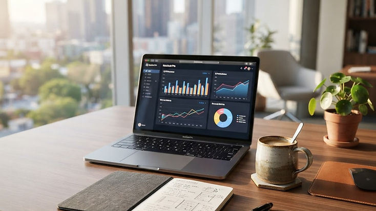 Bureau professionnel moderne avec ordinateur et graphiques d'analyse