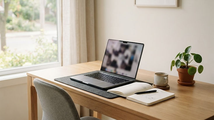 Modern and minimalist workspace with a laptop.