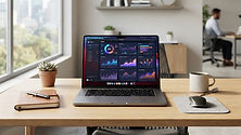 Modern office desk with a laptop showing data, symbolizing AI optimization.